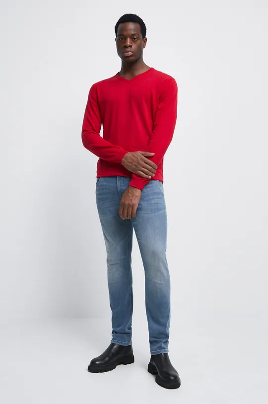 czerwony Sweter bawełniany męski gładki kolor czerwony Męski