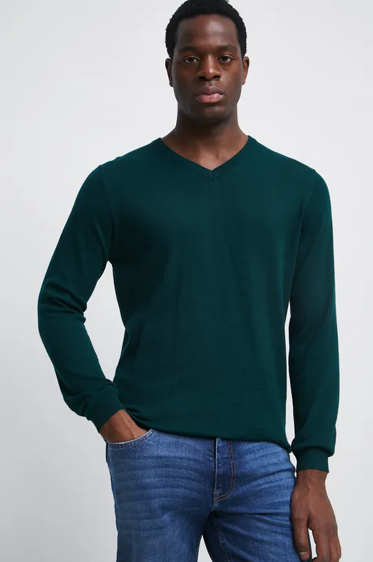 zelená Bavlnený sveter pánsky z hladkej pleteniny zelená farba