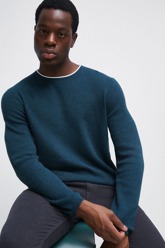 ciemny turkusowy Sweter bawełniany męski z fakturą kolor turkusowy Męski