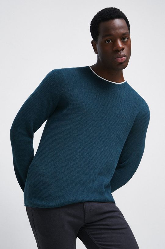 Sweter bawełniany męski z fakturą kolor turkusowy Męski