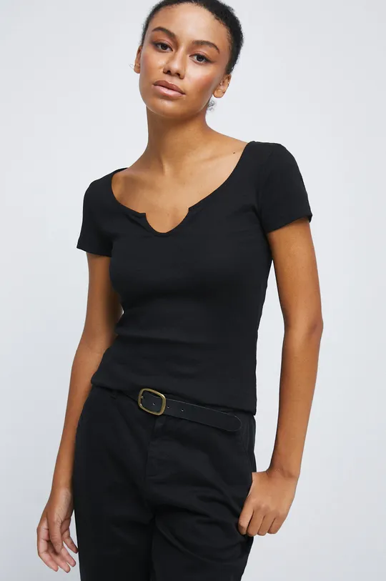 czarny T-shirt bawełniany damski prążkowany z domieszką elastanu czarny