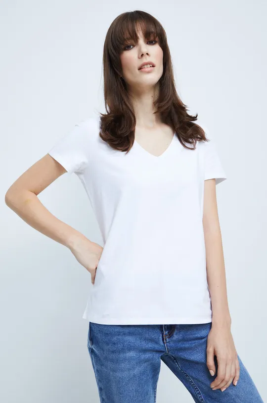 biały T-shirt bawełniany damski gładki z domieszką elastanu biały Damski