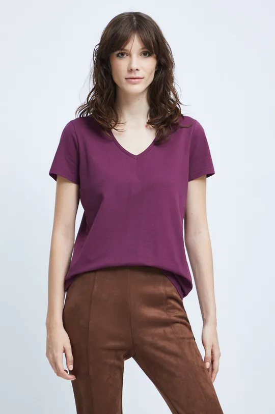 fioletowy T-shirt bawełniany damski gładki z domieszką elastanufioletowy Damski