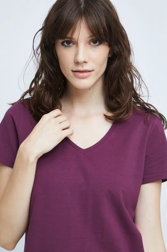 fioletowy T-shirt bawełniany damski gładki z domieszką elastanufioletowy