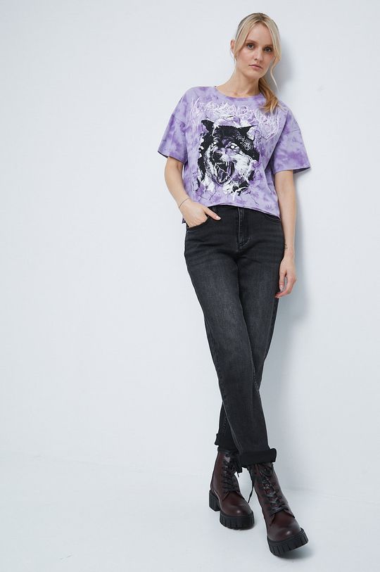 T-shirt bawełniany z nadrukiem fioletowy fioletowy
