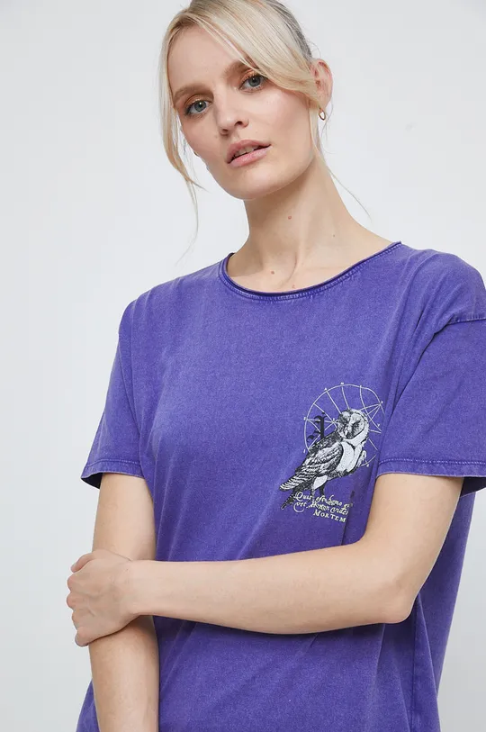 T-shirt bawełniany z nadrukiem fioletowy Damski