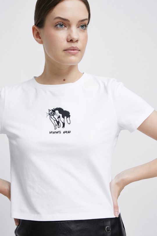 T-shirt damski z ozdobnym haftem biały biały