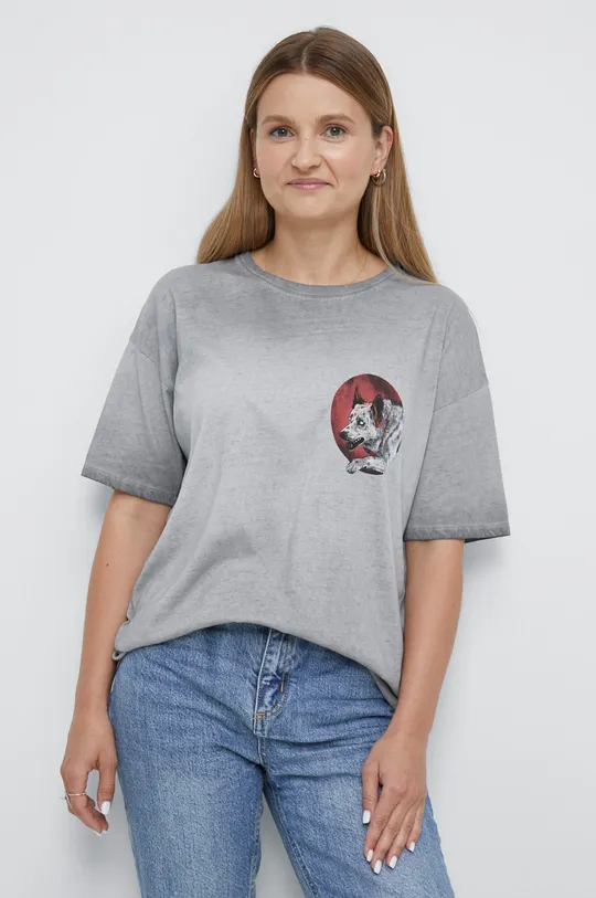 T-shirt bawełniany damski z kolekcji Psoty szary 100 % Bawełna