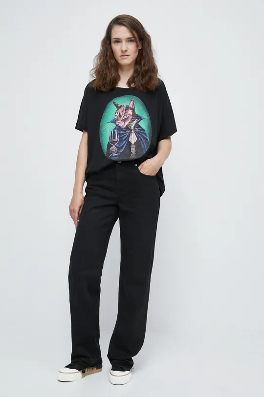 T-shirt bawełniany damski z kolekcji Psoty czarny czarny