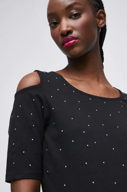 czarny T-shirt bawełniany damski z ozdobną aplikacją z domieszką elastanu kolor czarny