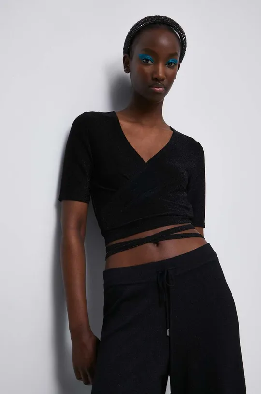 czarny T-shirt damski z włóknem metalicznym kolor czarny Damski