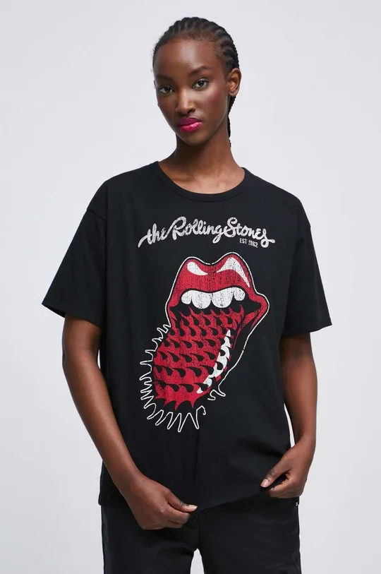 Bavlnené tričko dámske The Rolling Stones čierna farba čierna