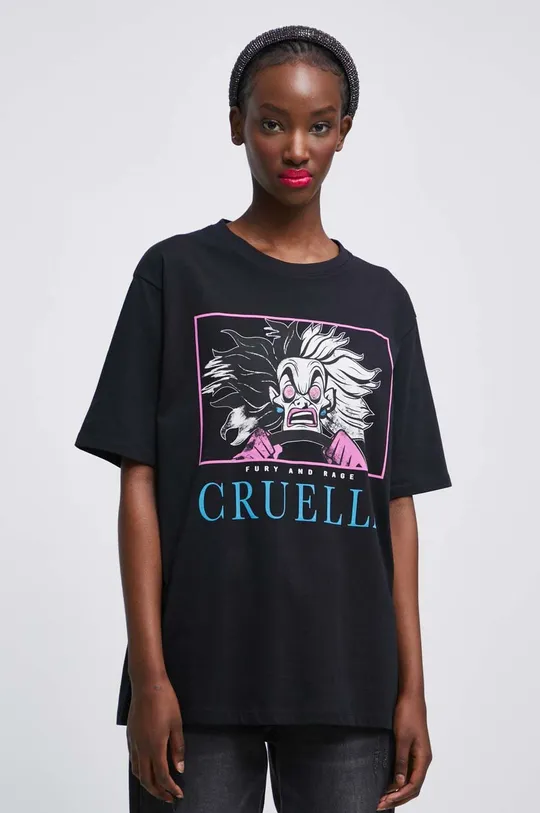 T-shirt bawełniany damski Cruella kolor czarny czarny