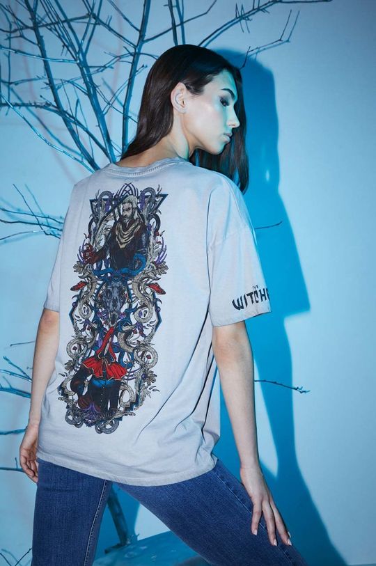 jasny szary T-shirt bawełniany damski z kolekcji The Witcher x Medicine kolor szary Damski