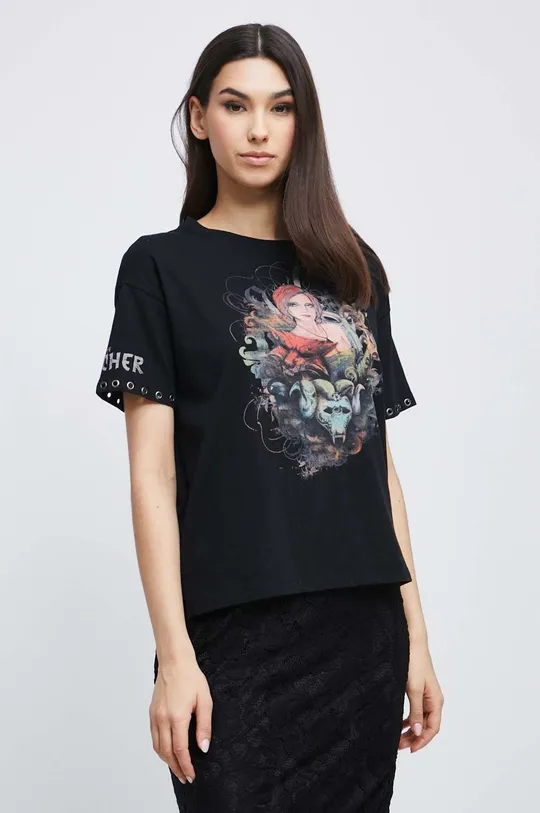 czarny T-shirt bawełniany damski z kolekcji The Witcher x Medicine kolor czarny