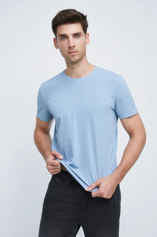 niebieski T-shirt bawełniany męski gładki z domieszką elastanu niebieski