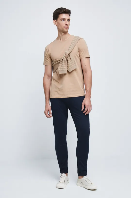 T-shirt bawełniany męski gładki z domieszką elastanu beżowy beżowy