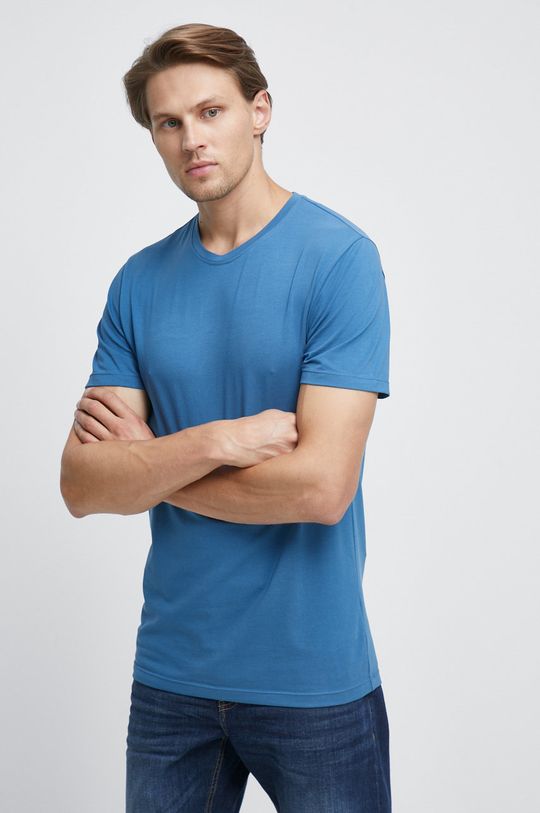 stalowy niebieski T-shirt bawełniany gładki niebieski Męski