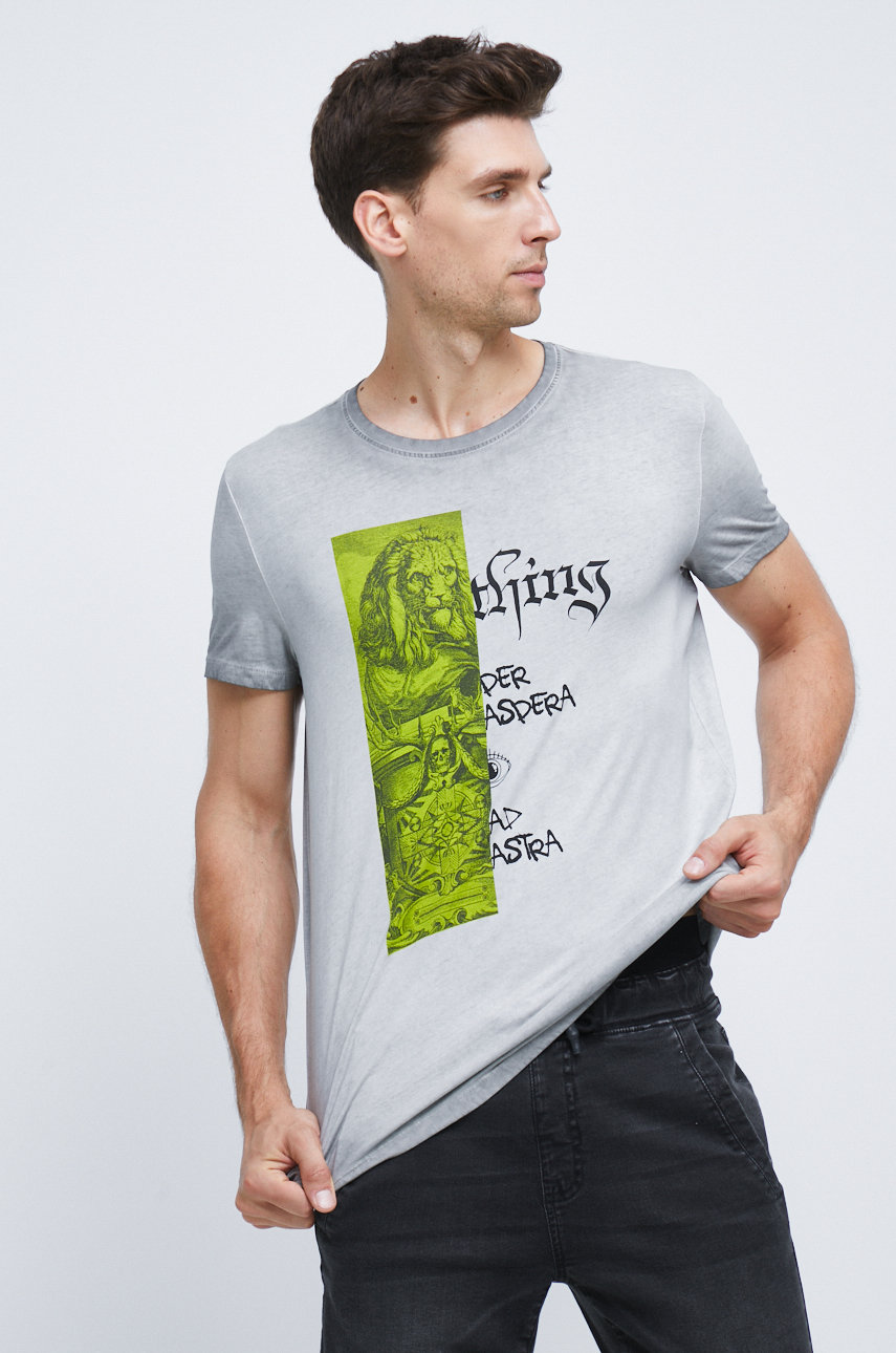 T-shirt bawełniany męski z nadrukiem szary jasny szary