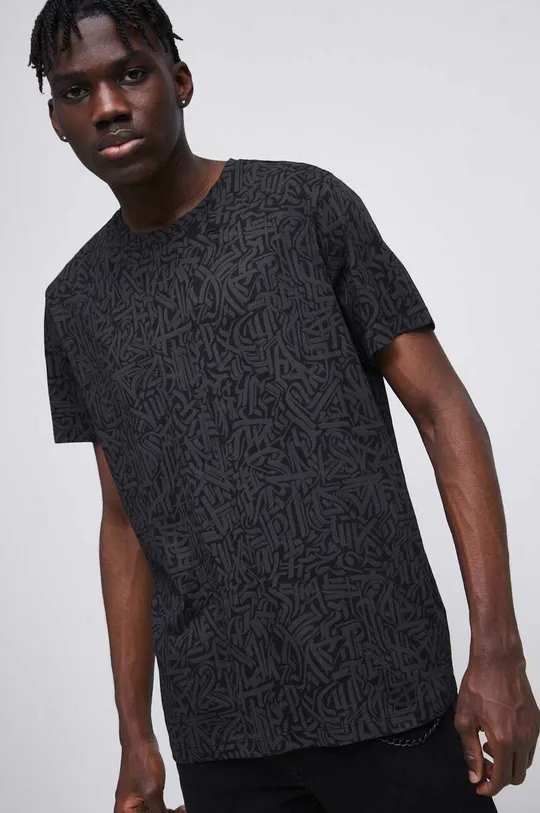 czarny T-shirt bawełniany męski wzorzysty kolor czarny Męski
