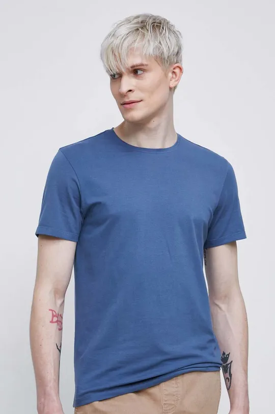 niebieski T-shirt bawełniany męski gładki z domieszką elastanu kolor niebieski