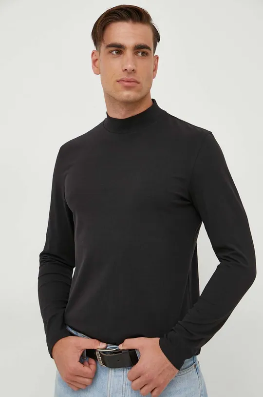černá Bavlněné tričko s dlouhým rukávem černá barva Pánský