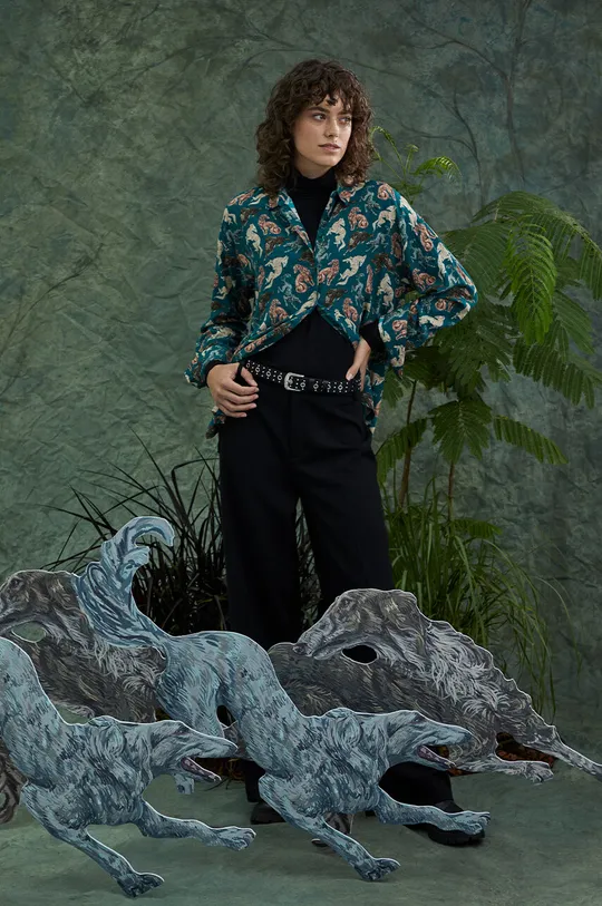 Koszula damska z kolekcji Graficzny Atlas Zwierząt kolor zielony turkusowy