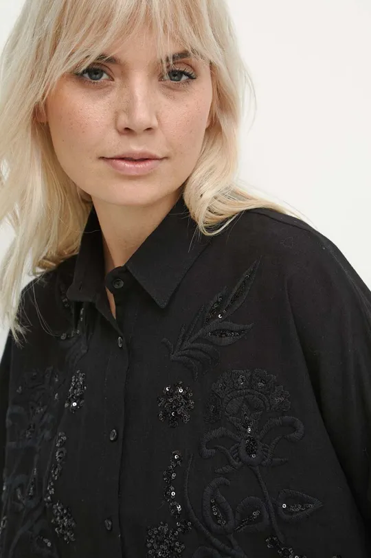 czarny Koszula bawełniana damska z ozdobnym haftem kolor czarny