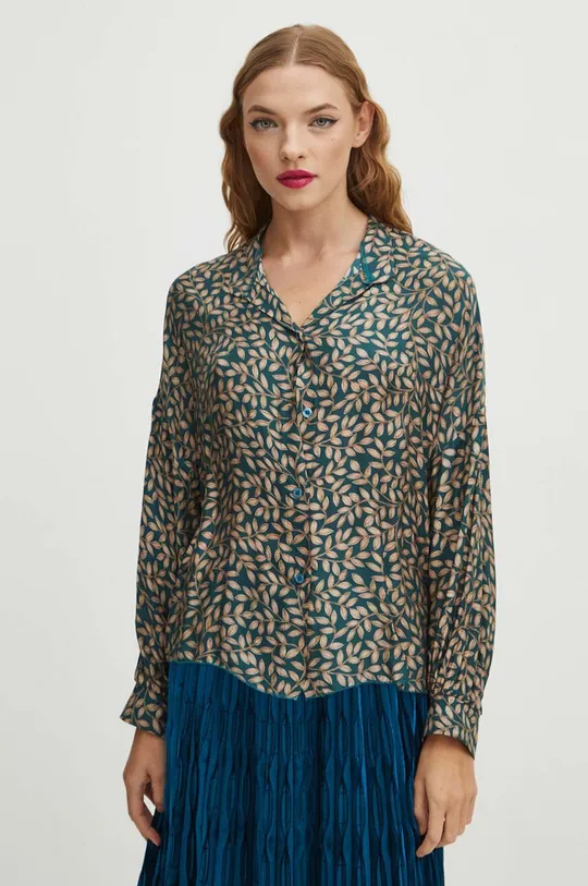 turkusowy Koszula z domieszką jedwabiu damska wzorzysta kolor turkusowy