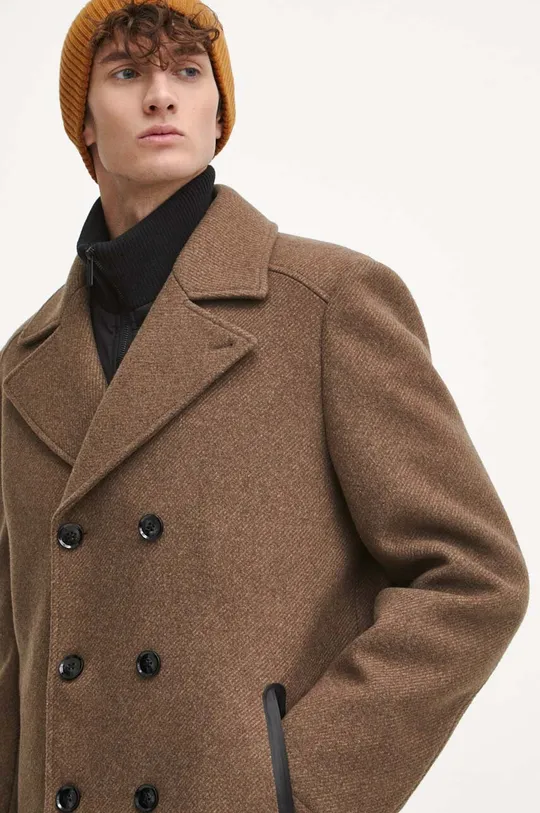 brązowy Płaszcz wełniany męski dwurzędowy kolor brązowy