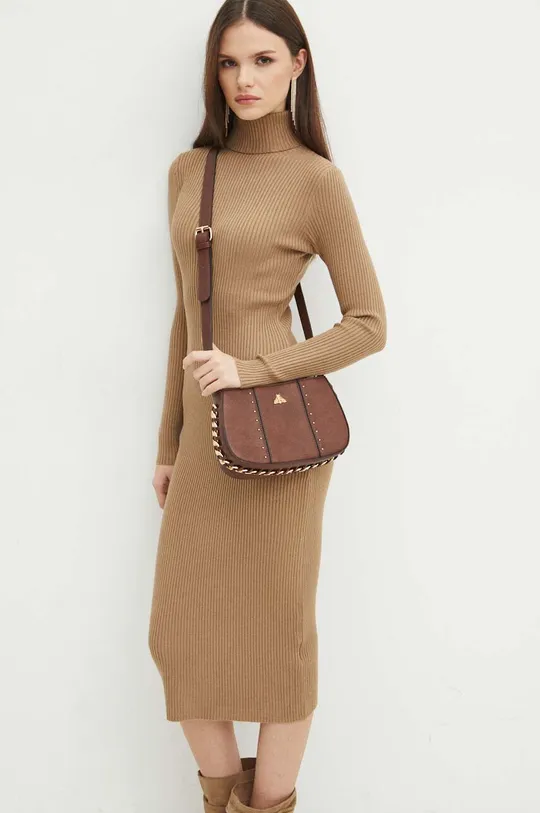 brązowy Sukienka damska midi prążkowana kolor brązowy