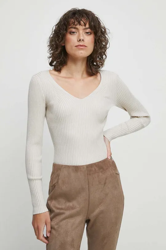 beżowy Sweter damski prążkowany kolor beżowy