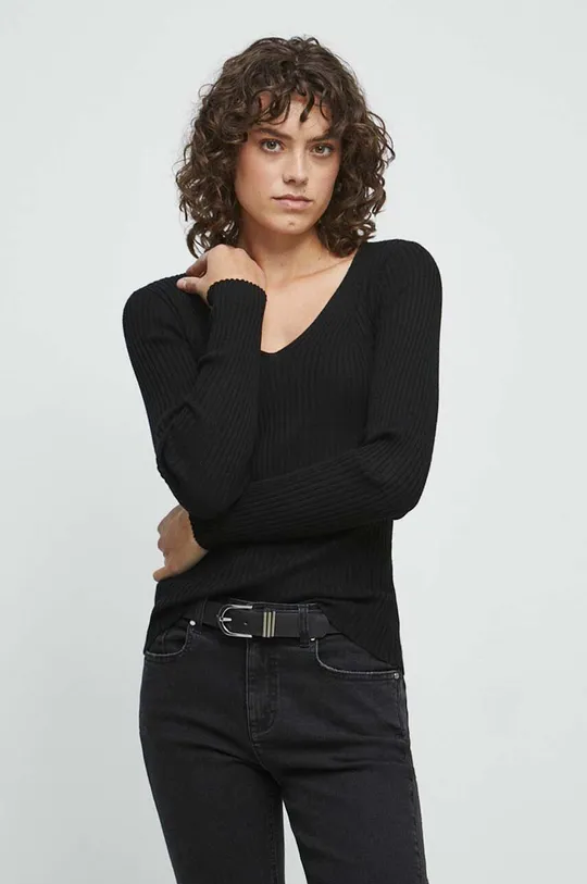czarny Sweter damski prążkowany kolor czarny Damski