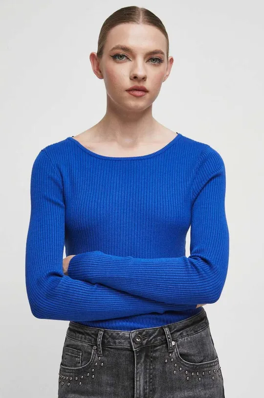 niebieski Sweter damski prążkowany kolor niebieski Damski
