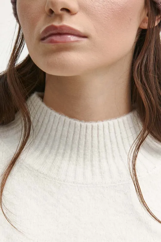 Sweter z domieszką wełny damski gładki kolor beżowy Damski