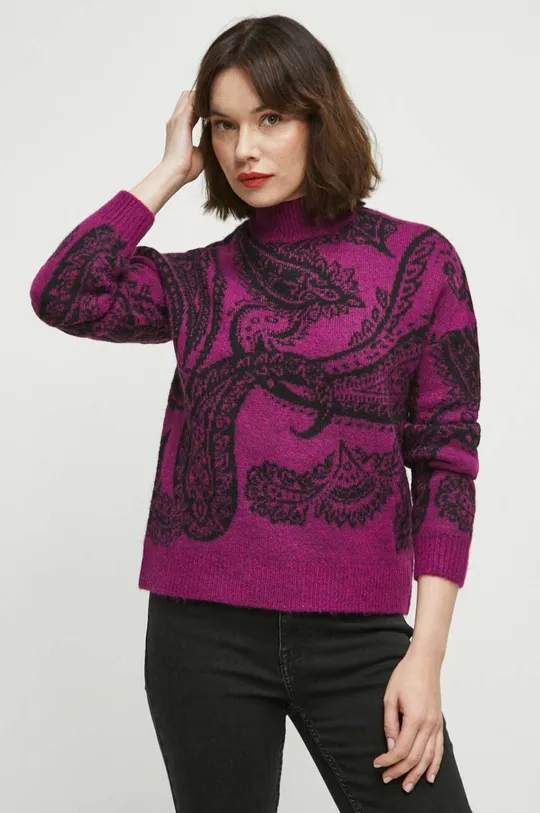 fioletowy Sweter z domieszką wełny damski wzorzysty kolor fioletowy Damski