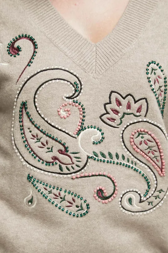 Sweter damski z ozdobnym haftem kolor beżowy Damski