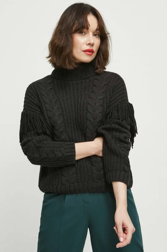 czarny Sweter damski z ozdobnym splotem kolor czarny Damski