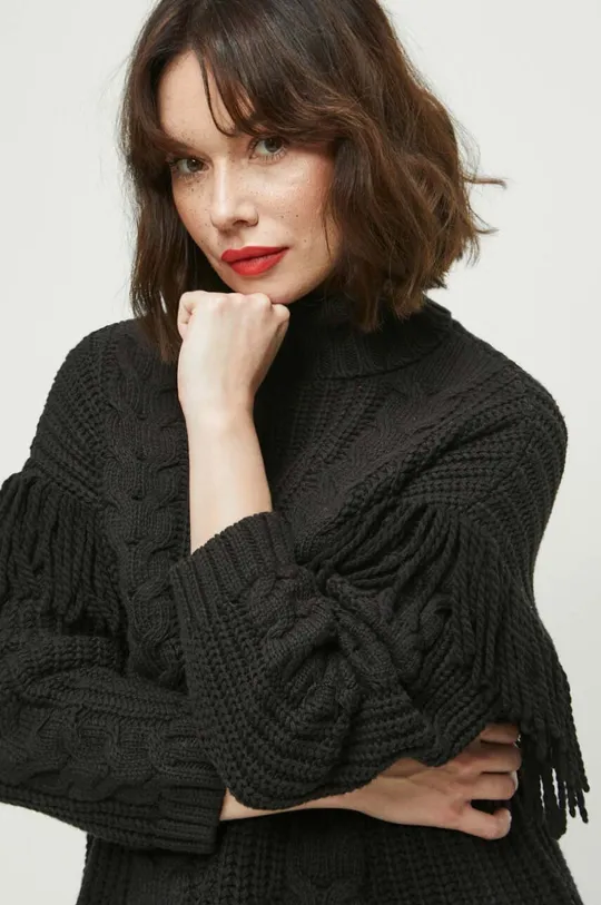 czarny Sweter damski z ozdobnym splotem kolor czarny