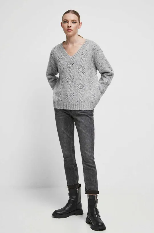 Sweter z domieszką wełny damski z fakturą kolor szary szary
