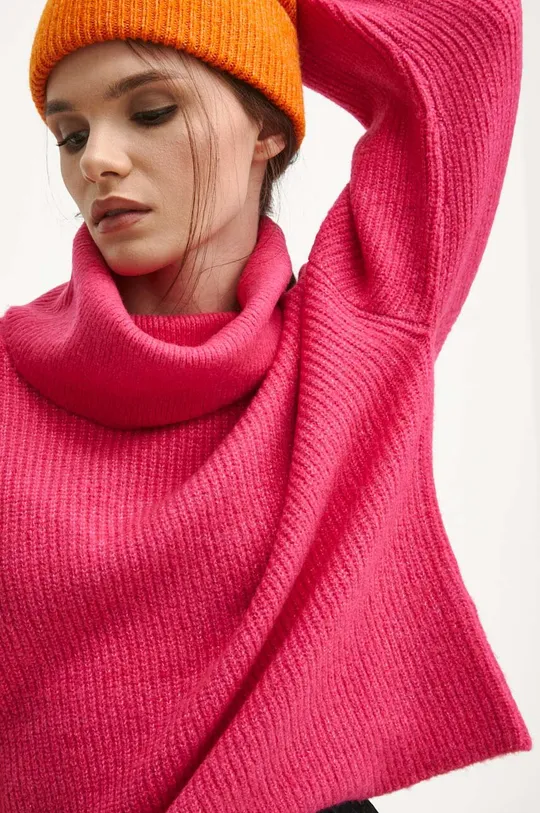 różowy Sweter z domieszką wełny damski gładki kolor różowy