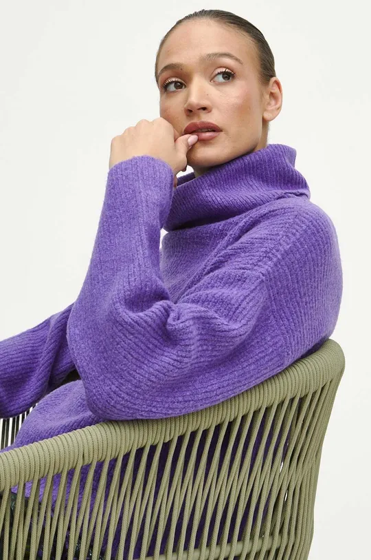 Sweter z domieszką wełny damski gładki kolor fioletowy Damski