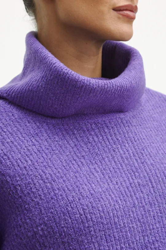 Sweter z domieszką wełny damski gładki kolor fioletowy