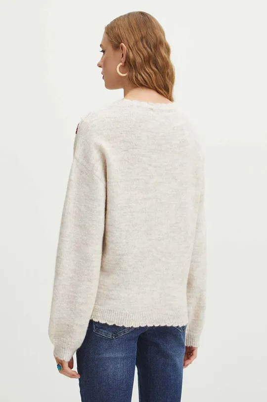 Sweter z domieszką wełny damski z haftem kolor beżowy 56 % Akryl, 25 % Poliamid, 11 % Wełna, 6 % Alpaka, 2 % Elastan