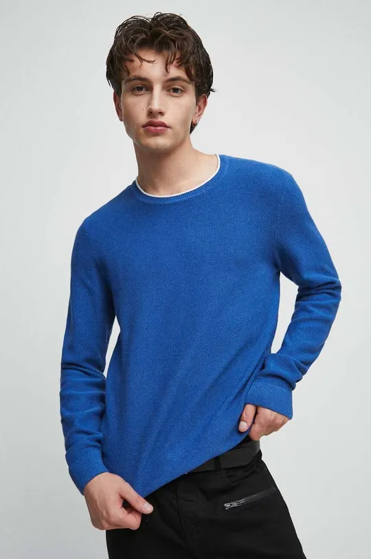 niebieski Sweter bawełniany męski z fakturą kolor niebieski