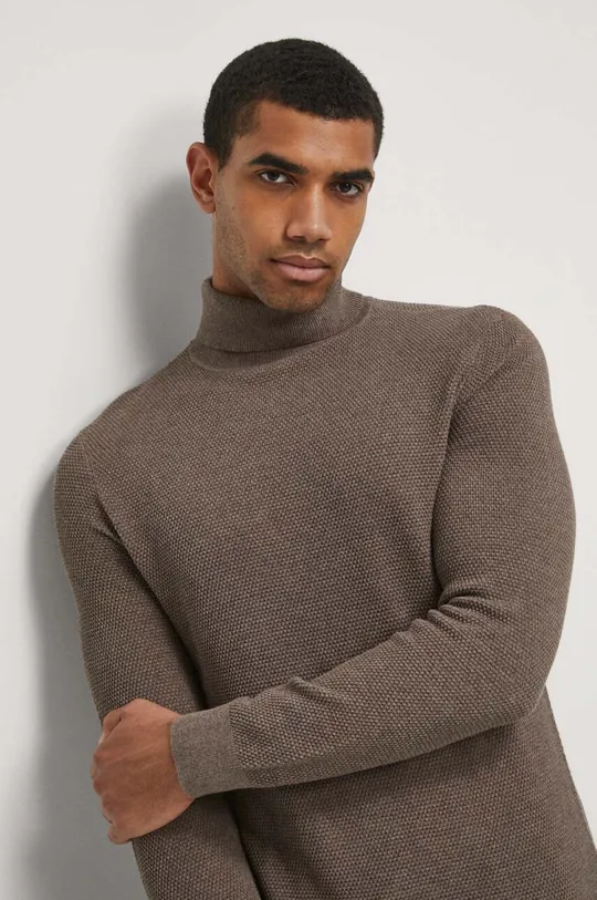 brązowy Sweter bawełniany męski z fakturą kolor brązowy