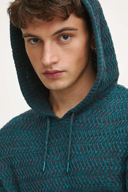 Sweter bawełniany męski z kapturem kolor turkusowy Męski
