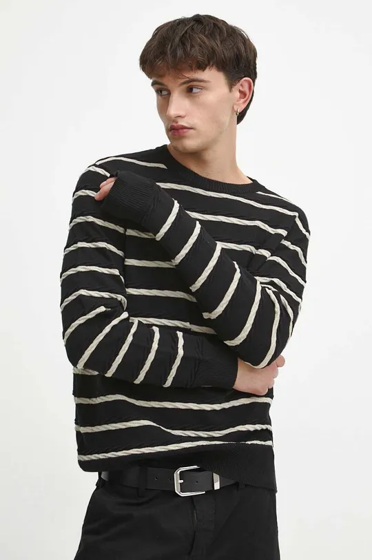 czarny Sweter bawełniany męski z fakturą kolor czarny Męski