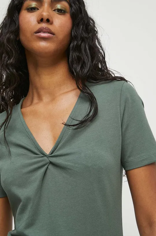 T-shirt bawełniany damski gładki z domieszką elastanu kolor zielony zielony