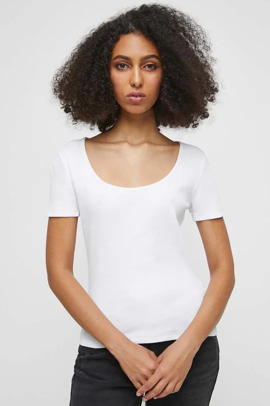 T-shirt bawełniany damski prążkowany z domieszką elastanu kolor biały biały